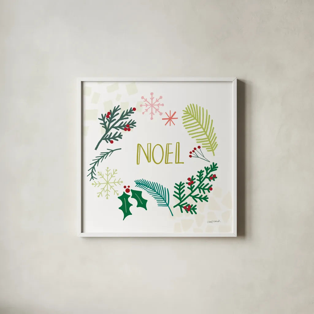 Peace Love Joy III by Cheryl Warrick. Shown in a crisp white glass frame for a clean and minimalist style. Available as an archival giclee rolled canvas, fine art paper, or poster print. SKU 79261a.