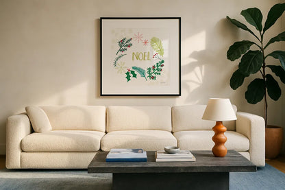 Peace Love Joy III by Cheryl Warrick. Displayed in a glass frame with matte in a clean modern living room. Available as an archival giclee rolled canvas, fine art paper, or poster print. SKU 79261a.