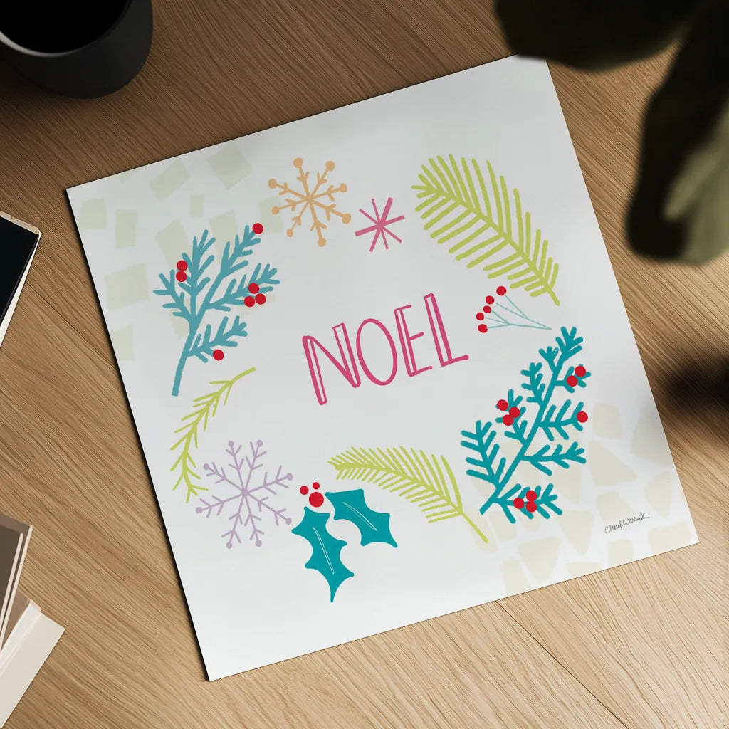 Peace Love Joy III Bright by Cheryl Warrick. Shown as a detailed flat fine art print, highlighting archival giclee quality. Available as an archival giclee rolled canvas, fine art paper, or poster print. SKU 79958a.