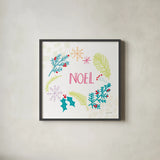 Peace Love Joy III Bright by Cheryl Warrick. Shown in a sleek black glass frame for a contemporary gallery look. Available as an archival giclee rolled canvas, fine art paper, or poster print. SKU 79958a.