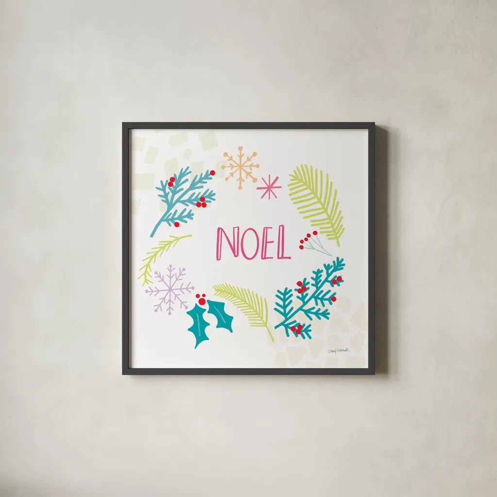 Peace Love Joy III Bright by Cheryl Warrick. Shown in a sleek black glass frame for a contemporary gallery look. Available as an archival giclee rolled canvas, fine art paper, or poster print. SKU 79958a.