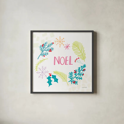 Peace Love Joy III Bright by Cheryl Warrick. Shown in a sleek black glass frame for a contemporary gallery look. Available as an archival giclee rolled canvas, fine art paper, or poster print. SKU 79958a.