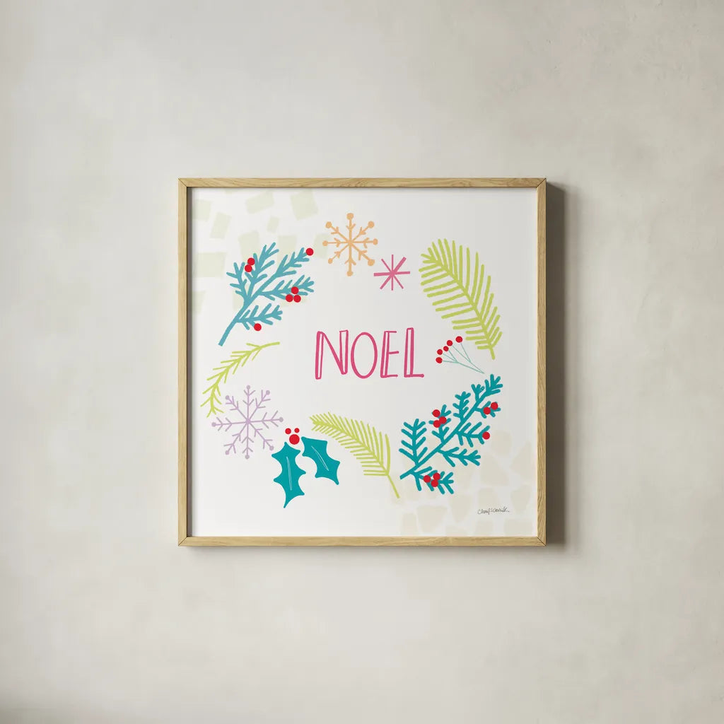 Peace Love Joy III Bright by Cheryl Warrick. Shown in a natural wood glass frame for a timeless modern aesthetic. Available as an archival giclee rolled canvas, fine art paper, or poster print. SKU 79958a.