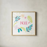 Peace Love Joy III Bright by Cheryl Warrick. Shown in a natural wood glass frame for a timeless modern aesthetic. Available as an archival giclee rolled canvas, fine art paper, or poster print. SKU 79958a.
