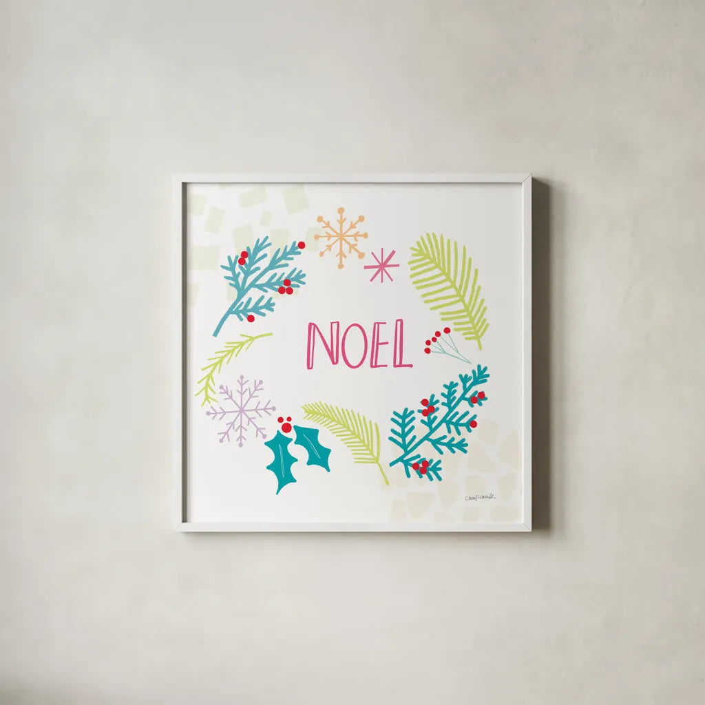 Peace Love Joy III Bright by Cheryl Warrick. Shown in a crisp white glass frame for a clean and minimalist style. Available as an archival giclee rolled canvas, fine art paper, or poster print. SKU 79958a.