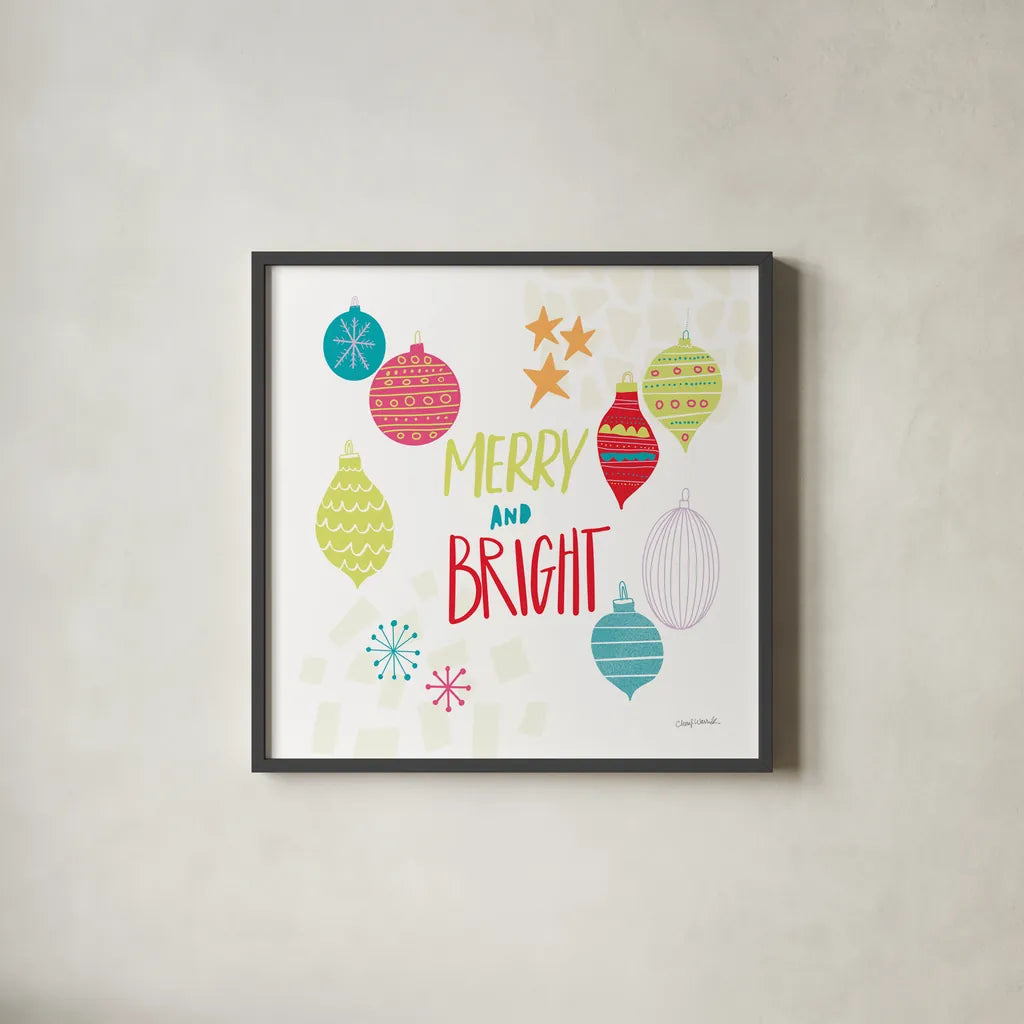 Peace Love Joy IV Bright by Cheryl Warrick. Shown in a sleek black glass frame for a contemporary gallery look. Available as an archival giclee rolled canvas, fine art paper, or poster print. SKU 79959a.