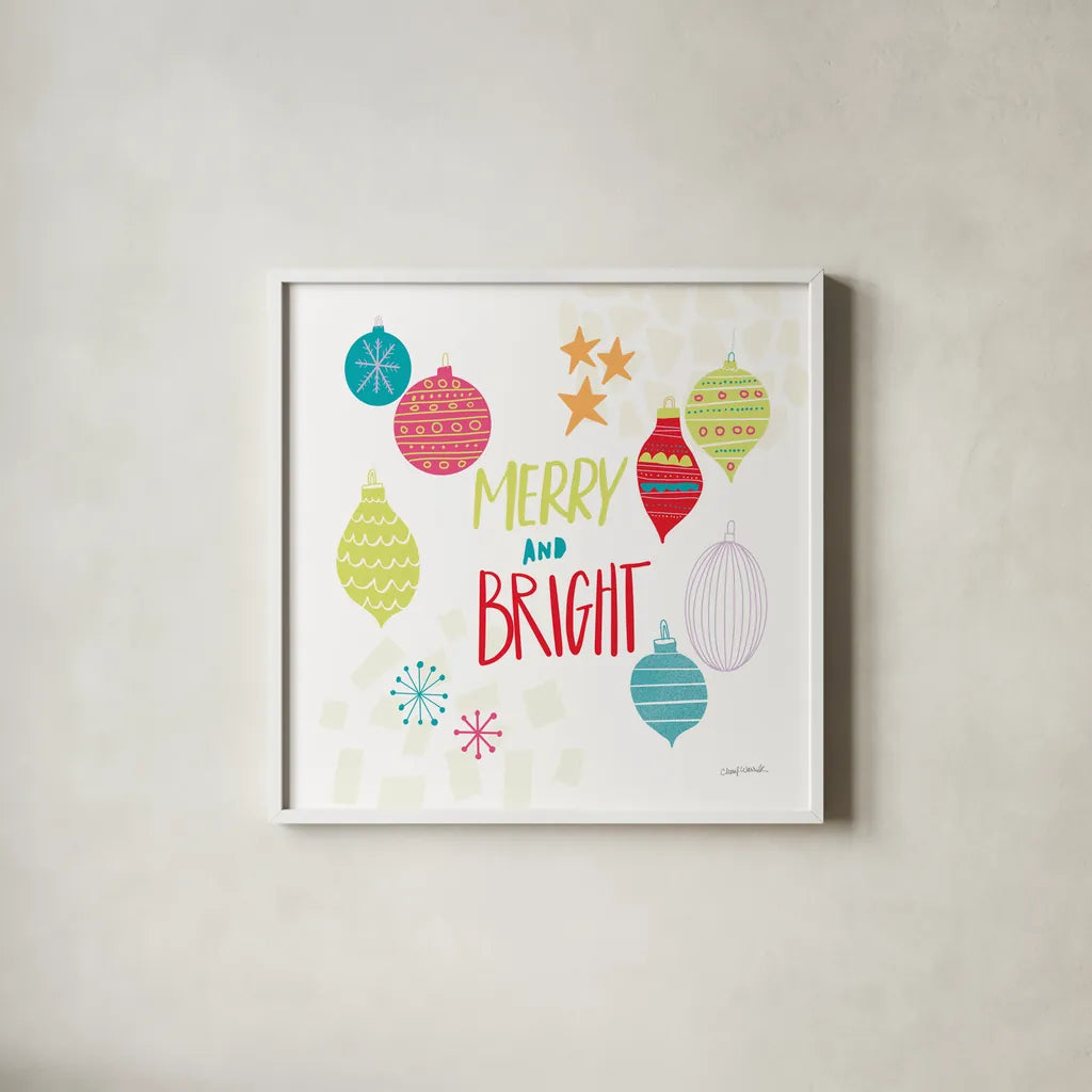 Peace Love Joy IV Bright by Cheryl Warrick. Shown in a crisp white glass frame for a clean and minimalist style. Available as an archival giclee rolled canvas, fine art paper, or poster print. SKU 79959a.