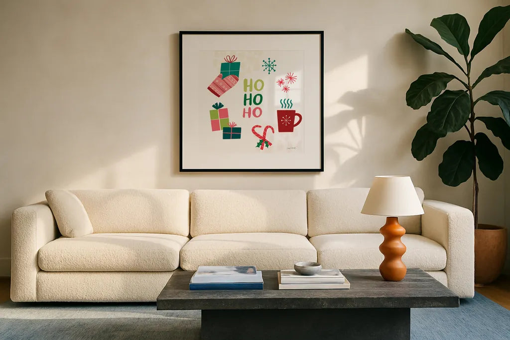 Peace Love Joy V by Cheryl Warrick. Displayed in a glass frame with matte in a clean modern living room. Available as an archival giclee rolled canvas, fine art paper, or poster print. SKU 79263a.