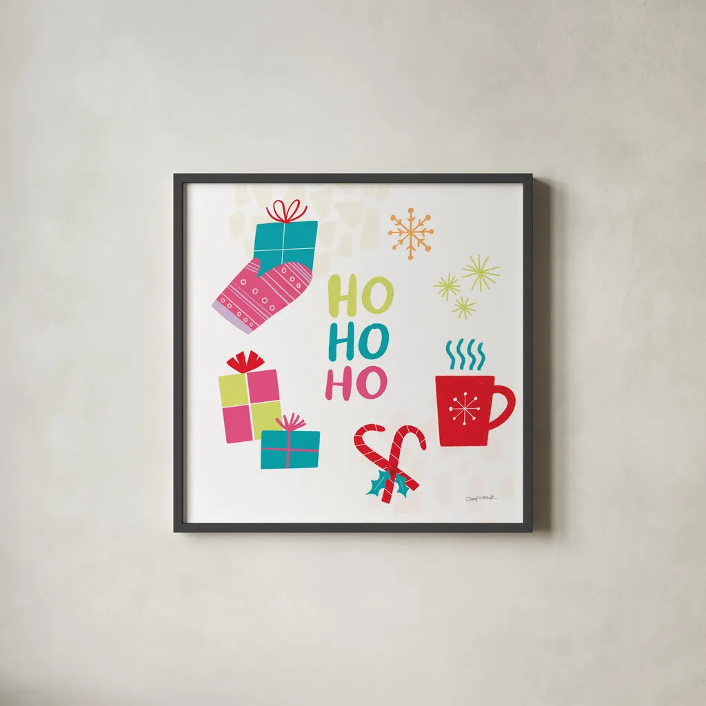 Peace Love Joy V Bright by Cheryl Warrick. Shown in a sleek black glass frame for a contemporary gallery look. Available as an archival giclee rolled canvas, fine art paper, or poster print. SKU 79960a.