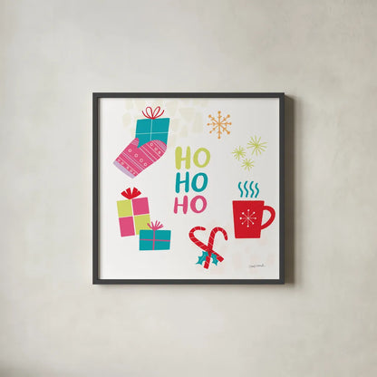 Peace Love Joy V Bright by Cheryl Warrick. Shown in a sleek black glass frame for a contemporary gallery look. Available as an archival giclee rolled canvas, fine art paper, or poster print. SKU 79960a.