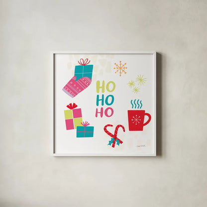 Peace Love Joy V Bright by Cheryl Warrick. Shown in a crisp white glass frame for a clean and minimalist style. Available as an archival giclee rolled canvas, fine art paper, or poster print. SKU 79960a.
