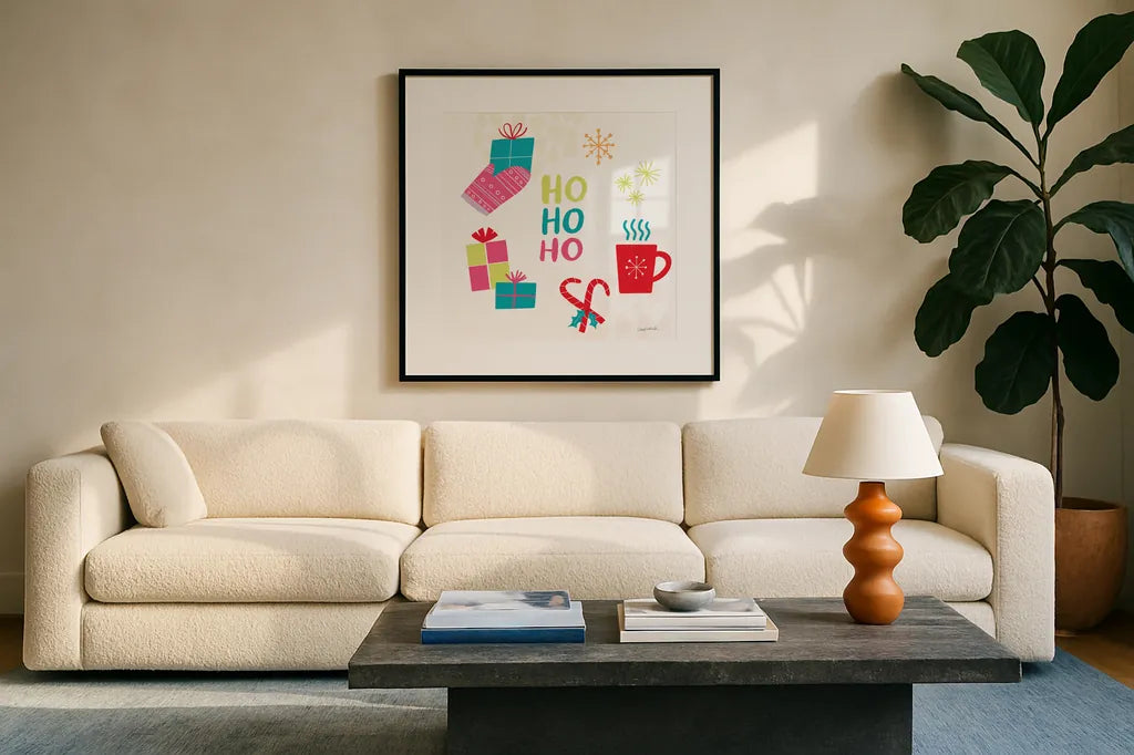 Peace Love Joy V Bright by Cheryl Warrick. Displayed in a glass frame with matte in a clean modern living room. Available as an archival giclee rolled canvas, fine art paper, or poster print. SKU 79960a.