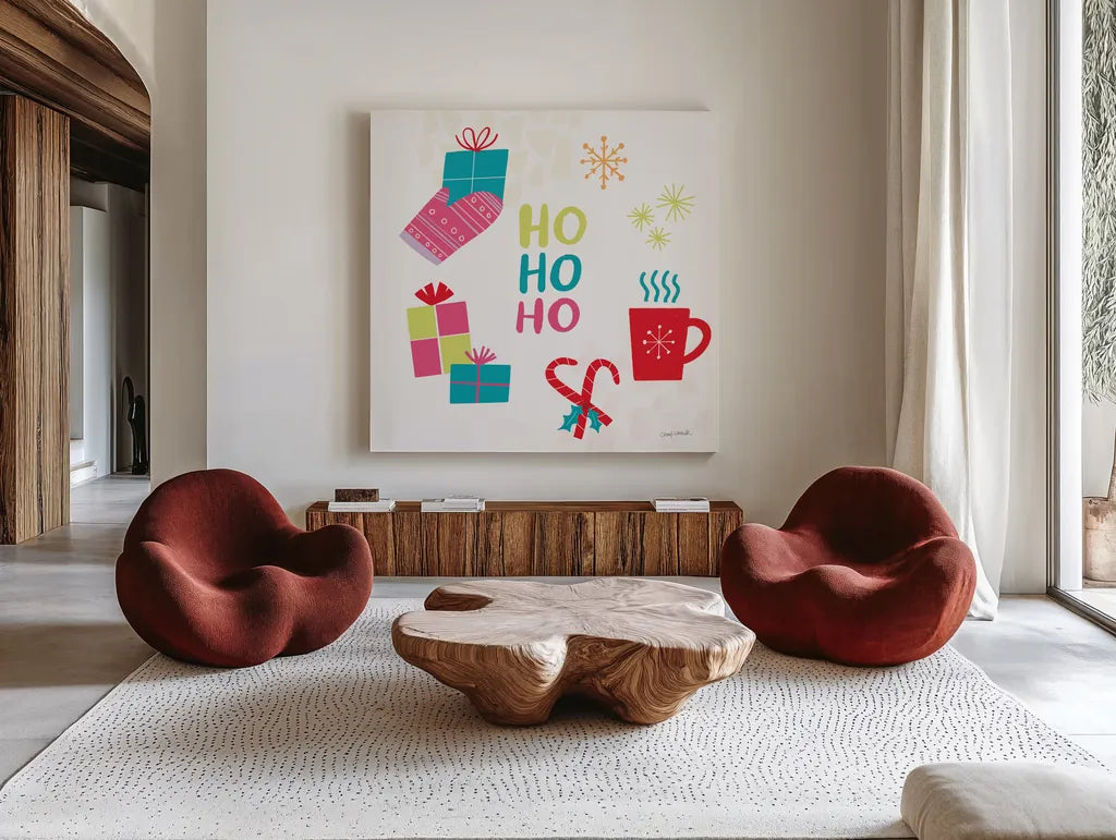 Peace Love Joy V Bright by Cheryl Warrick. Shown as extra-large giant wall art in a modern living room. Available as an archival giclee rolled canvas, fine art paper, or poster print. SKU 79960a.