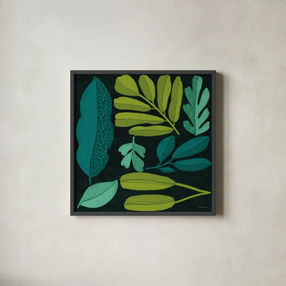 Plant Toss I by Cheryl Warrick. Shown in a sleek black glass frame for a contemporary gallery look. Available as an archival giclee rolled canvas, fine art paper, or poster print. SKU 90945a.