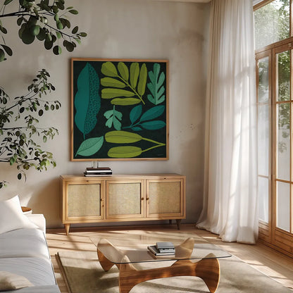 Plant Toss I by Cheryl Warrick. Shown in a natural wood frame in a cozy modern living room. Available as an archival giclee rolled canvas, fine art paper, or poster print. SKU 90945a.