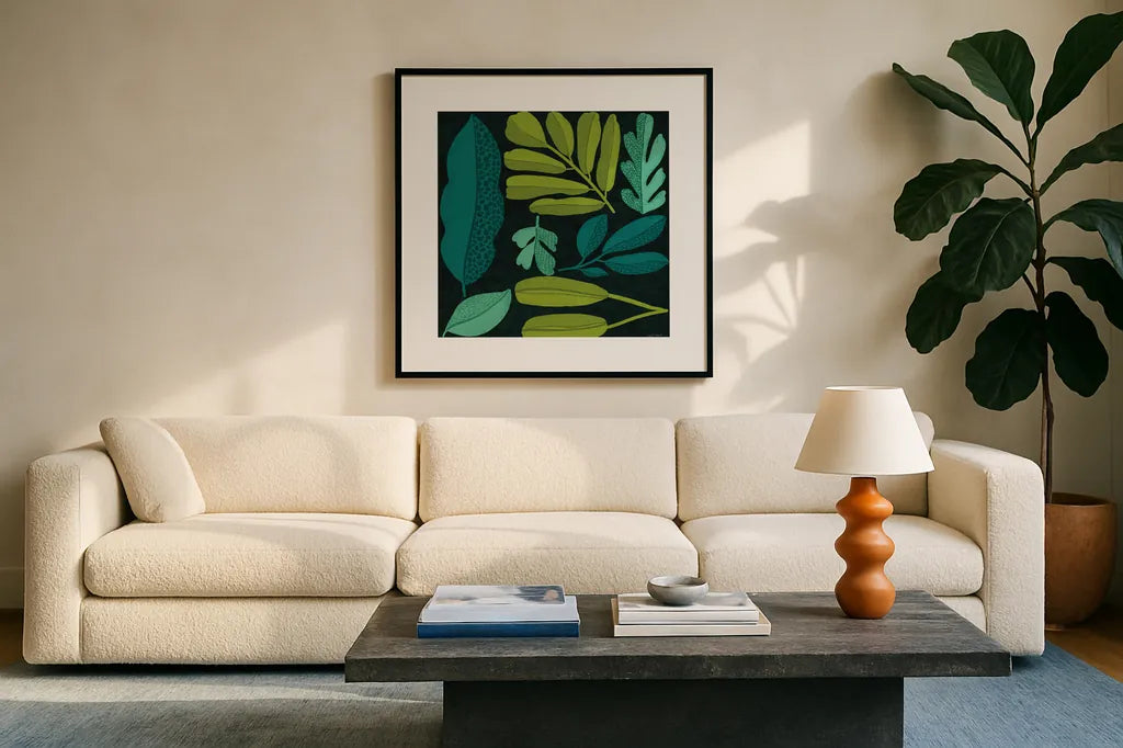 Plant Toss I by Cheryl Warrick. Displayed in a glass frame with matte in a clean modern living room. Available as an archival giclee rolled canvas, fine art paper, or poster print. SKU 90945a.