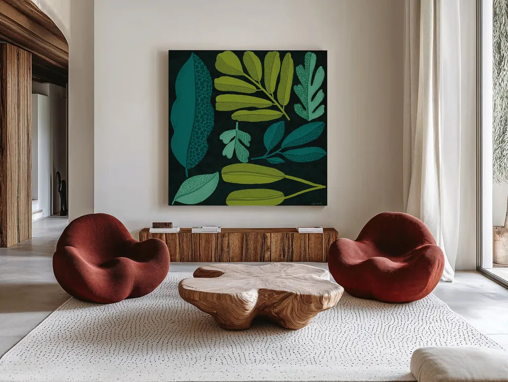Plant Toss I by Cheryl Warrick. Shown as extra-large giant wall art in a modern living room. Available as an archival giclee rolled canvas, fine art paper, or poster print. SKU 90945a.