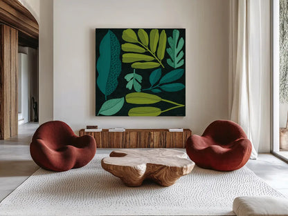 Plant Toss I by Cheryl Warrick. Shown as extra-large giant wall art in a modern living room. Available as an archival giclee rolled canvas, fine art paper, or poster print. SKU 90945a.