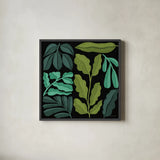 Plant Toss II by Cheryl Warrick. Shown in a sleek black glass frame for a contemporary gallery look. Available as an archival giclee rolled canvas, fine art paper, or poster print. SKU 90946a.