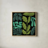 Plant Toss II by Cheryl Warrick. Shown in a natural wood glass frame for a timeless modern aesthetic. Available as an archival giclee rolled canvas, fine art paper, or poster print. SKU 90946a.