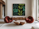 Plant Toss II by Cheryl Warrick. Shown as extra-large giant wall art in a modern living room. Available as an archival giclee rolled canvas, fine art paper, or poster print. SKU 90946a.