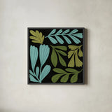Plant Toss III by Cheryl Warrick. Shown in a sleek black glass frame for a contemporary gallery look. Available as an archival giclee rolled canvas, fine art paper, or poster print. SKU 90947a.