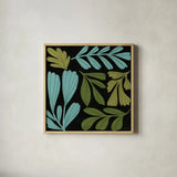 Plant Toss III by Cheryl Warrick. Shown in a natural wood glass frame for a timeless modern aesthetic. Available as an archival giclee rolled canvas, fine art paper, or poster print. SKU 90947a.