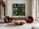 Plant Toss III by Cheryl Warrick. Shown as extra-large giant wall art in a modern living room. Available as an archival giclee rolled canvas, fine art paper, or poster print. SKU 90947a.