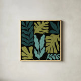 Plant Toss IV by Cheryl Warrick. Shown in a natural wood glass frame for a timeless modern aesthetic. Available as an archival giclee rolled canvas, fine art paper, or poster print. SKU 90948a.