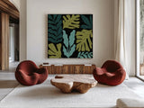 Plant Toss IV by Cheryl Warrick. Shown as extra-large giant wall art in a modern living room. Available as an archival giclee rolled canvas, fine art paper, or poster print. SKU 90948a.