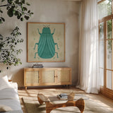 Playful Bugs II by Cheryl Warrick. Shown in a natural wood frame in a cozy modern living room. Available as an archival giclee rolled canvas, fine art paper, or poster print. SKU 102955a.