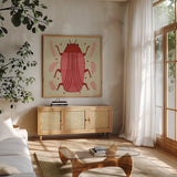 Playful Bugs IV by Cheryl Warrick. Shown in a natural wood frame in a cozy modern living room. Available as an archival giclee rolled canvas, fine art paper, or poster print. SKU 102957a.