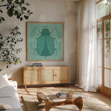 Playful Bugs V by Cheryl Warrick. Shown in a natural wood frame in a cozy modern living room. Available as an archival giclee rolled canvas, fine art paper, or poster print. SKU 102958a.