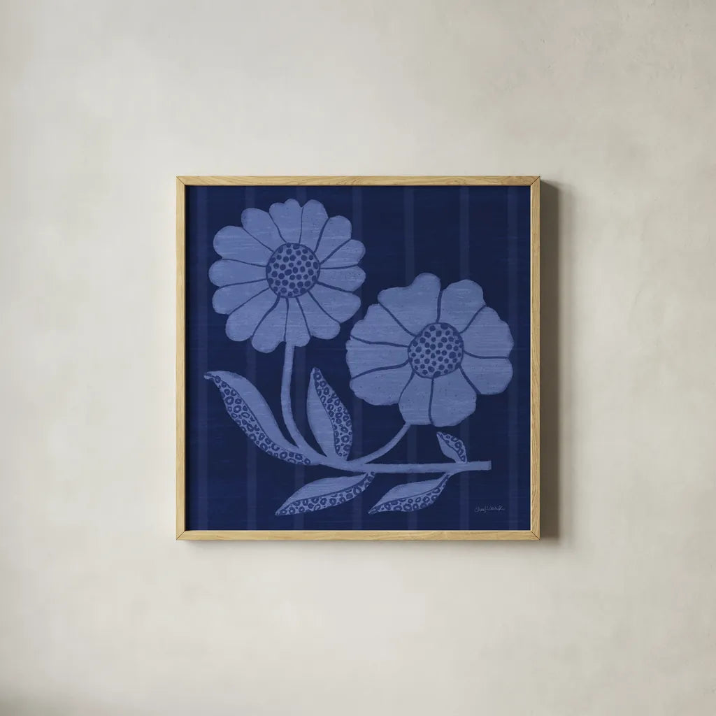 Playful Petals II by Cheryl Warrick. Shown in a natural wood glass frame for a timeless modern aesthetic. Available as an archival giclee rolled canvas, fine art paper, or poster print. SKU 102945a.