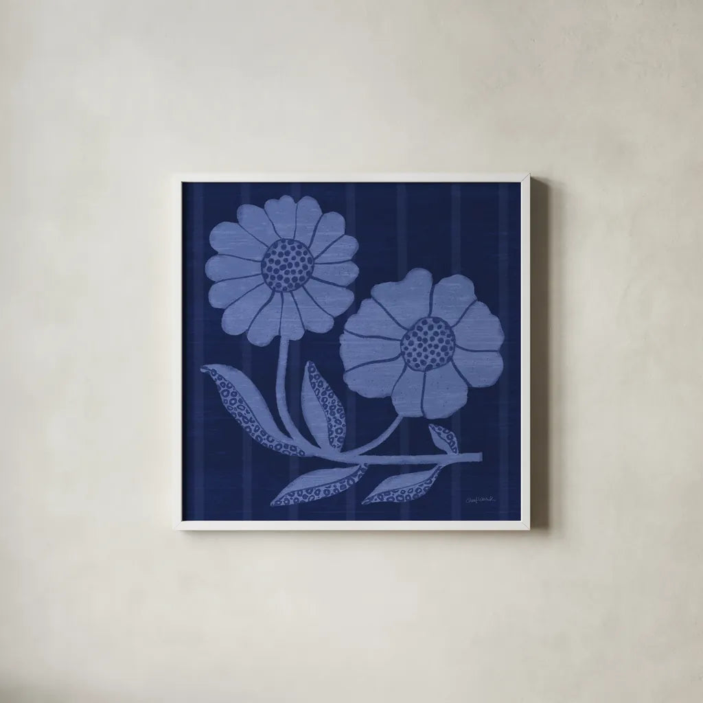 Playful Petals II by Cheryl Warrick. Shown in a crisp white glass frame for a clean and minimalist style. Available as an archival giclee rolled canvas, fine art paper, or poster print. SKU 102945a.