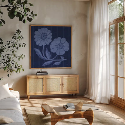 Playful Petals II by Cheryl Warrick. Shown in a natural wood frame in a cozy modern living room. Available as an archival giclee rolled canvas, fine art paper, or poster print. SKU 102945a.