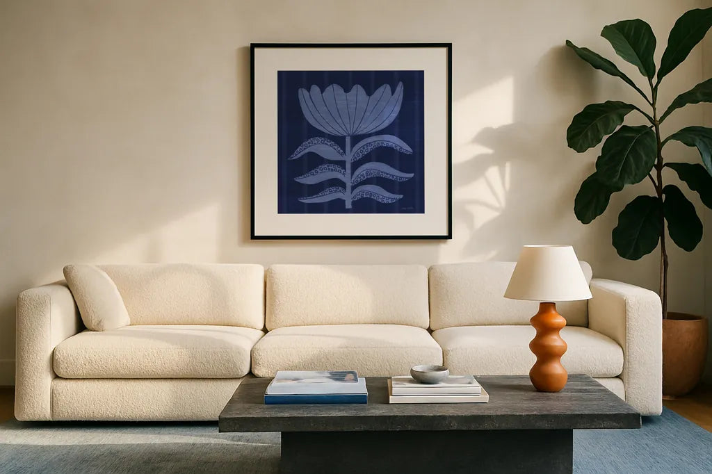 Playful Petals III by Cheryl Warrick. Displayed in a glass frame with matte in a clean modern living room. Available as an archival giclee rolled canvas, fine art paper, or poster print. SKU 102946a.