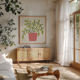 Potted Plants IV by Cheryl Warrick. Shown in a natural wood frame in a cozy modern living room. Available as an archival giclee rolled canvas, fine art paper, or poster print. SKU 102641a.