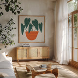 Potted Plants X by Cheryl Warrick. Shown in a natural wood frame in a cozy modern living room. Available as an archival giclee rolled canvas, fine art paper, or poster print. SKU 102647a.