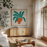 Potted Plants XII by Cheryl Warrick. Shown in a natural wood frame in a cozy modern living room. Available as an archival giclee rolled canvas, fine art paper, or poster print. SKU 102649a.