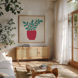 Potted Plants XIII by Cheryl Warrick. Shown in a natural wood frame in a cozy modern living room. Available as an archival giclee rolled canvas, fine art paper, or poster print. SKU 102650a.