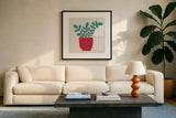 Potted Plants XIII by Cheryl Warrick. Displayed in a glass frame with matte in a clean modern living room. Available as an archival giclee rolled canvas, fine art paper, or poster print. SKU 102650a.
