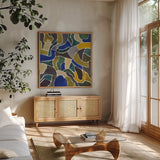 Puzzled I by Cheryl Warrick. Shown in a natural wood frame in a cozy modern living room. Available as an archival giclee rolled canvas, fine art paper, or poster print. SKU 103263a.