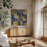 Puzzled II by Cheryl Warrick. Shown in a natural wood frame in a cozy modern living room. Available as an archival giclee rolled canvas, fine art paper, or poster print. SKU 103264a.