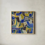 Puzzled III by Cheryl Warrick. Shown in a natural wood glass frame for a timeless modern aesthetic. Available as an archival giclee rolled canvas, fine art paper, or poster print. SKU 103265a.