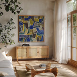 Puzzled III by Cheryl Warrick. Shown in a natural wood frame in a cozy modern living room. Available as an archival giclee rolled canvas, fine art paper, or poster print. SKU 103265a.