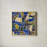 Puzzled IV by Cheryl Warrick. Shown in a natural wood glass frame for a timeless modern aesthetic. Available as an archival giclee rolled canvas, fine art paper, or poster print. SKU 103266a.
