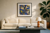 Puzzled IV by Cheryl Warrick. Displayed in a glass frame with matte in a clean modern living room. Available as an archival giclee rolled canvas, fine art paper, or poster print. SKU 103266a.