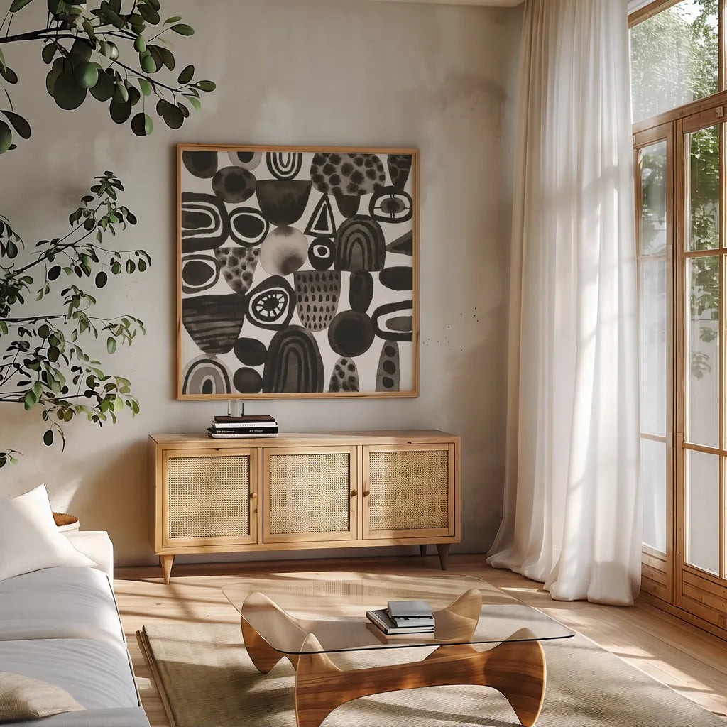 Quirky I by Cheryl Warrick. Shown in a natural wood frame in a cozy modern living room. Available as an archival giclee rolled canvas, fine art paper, or poster print. SKU 86956a.