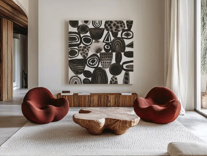 Quirky I by Cheryl Warrick. Shown as extra-large giant wall art in a modern living room. Available as an archival giclee rolled canvas, fine art paper, or poster print. SKU 86956a.